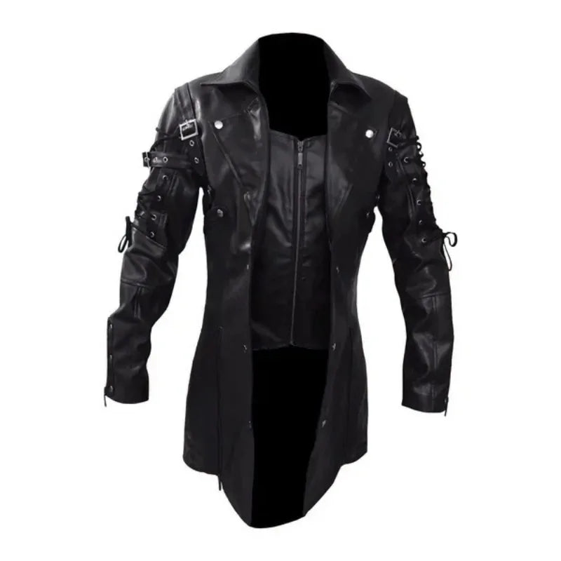 New Steampunk Men's Gothic Trench Coat Leather Jacket Punk Style Biker Jacke Autumn Winter Motocycle Jacket
