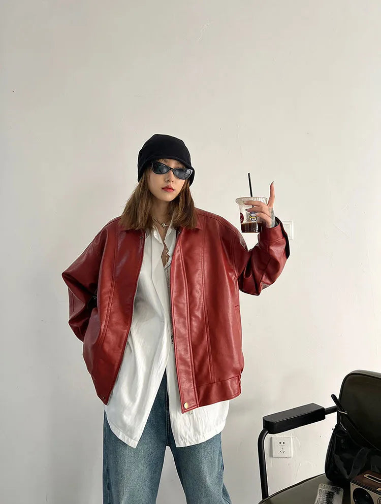 Punk Vintage Red Leather Jacket Women Streetwear Moto Biker Zipper Leather Jacket Female Winter High Street Chic Leather Coat