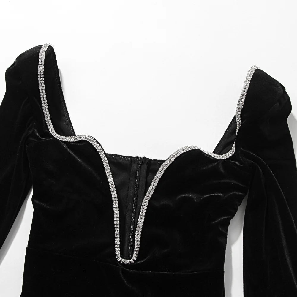 Mozision Long Sleeve Sexy Deep V Neck Wired Diamante Crystal Padded Should Bodycon Outfits Women Winter Velvet Party Dress