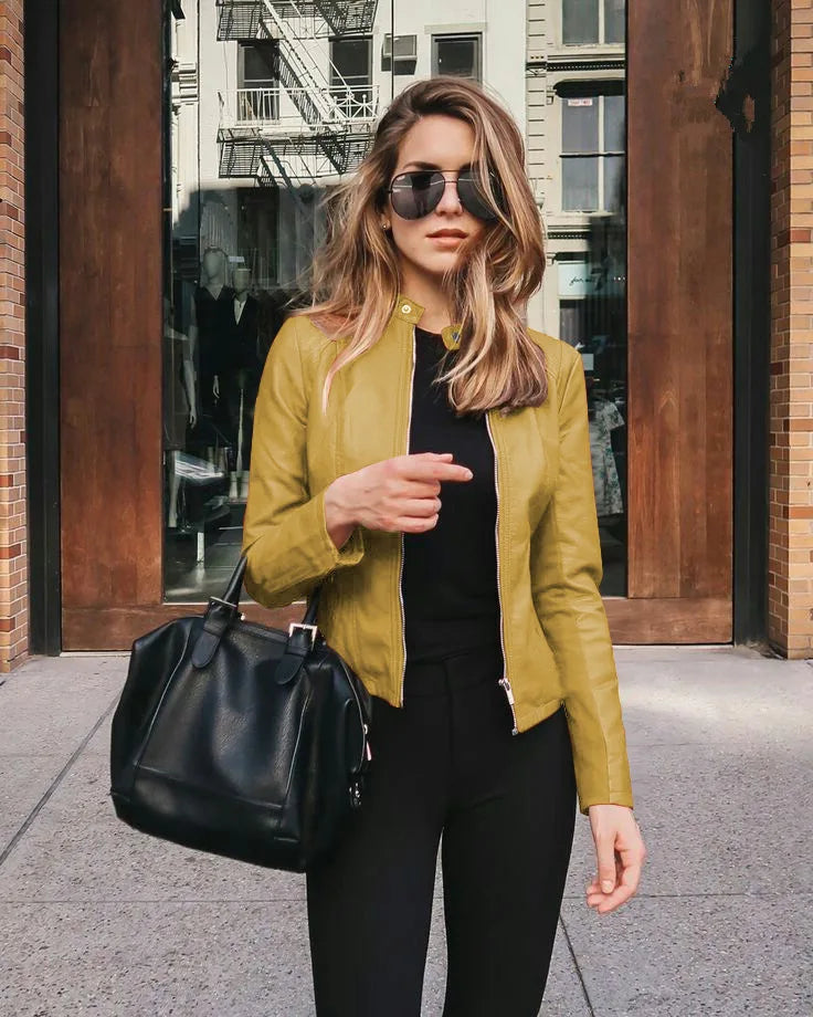 Autumn and Winter New Fashion Black Leather PU Suit Jacket Women Tops Zipper Stand Collar Slim Fit Casual Short Jacket for Women