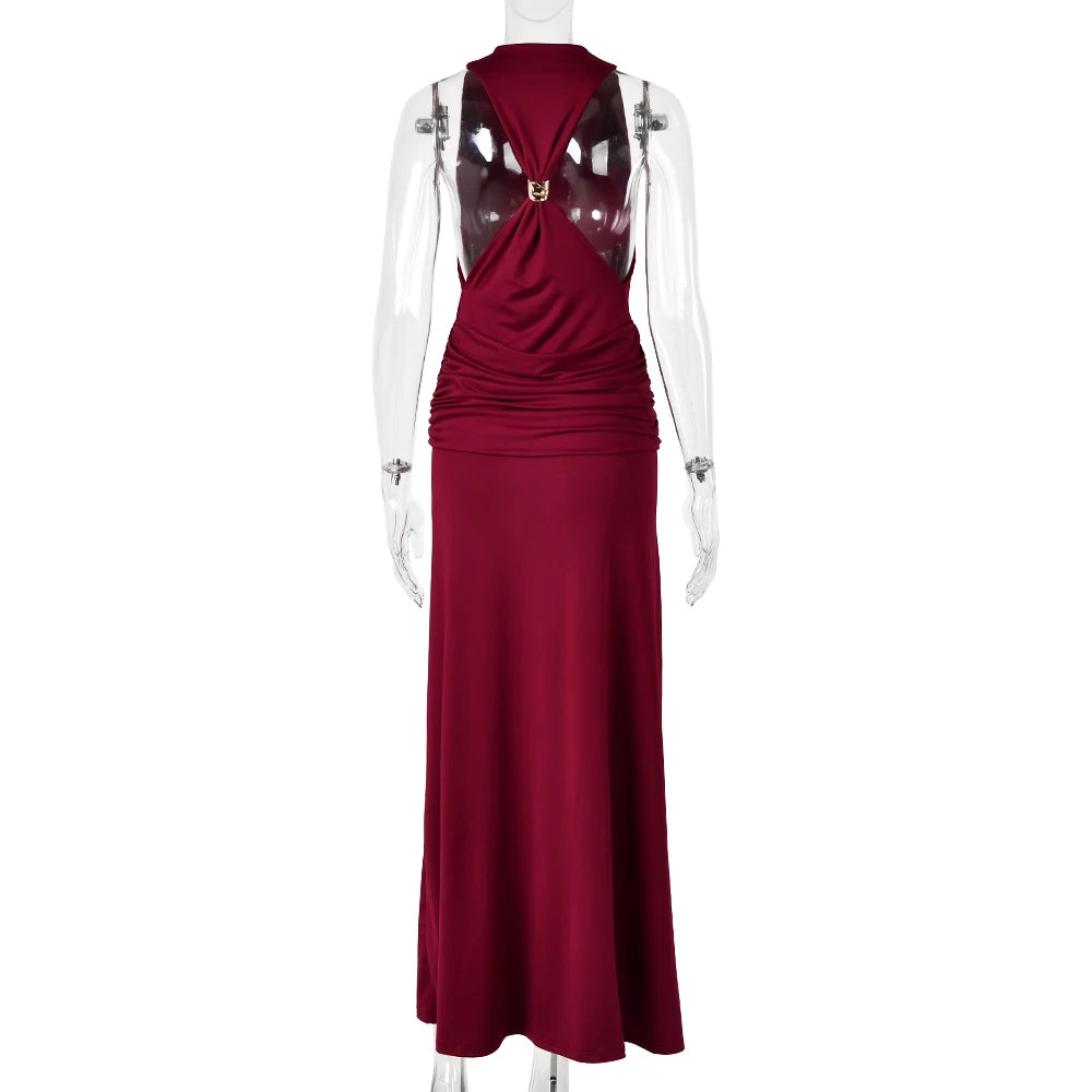 JULISSA MO Sexy Backless High Slit Ruched Women Maxi Dress Sleeveless Round Neck Dress Autumn Skinny Elegant Party Evening Dress