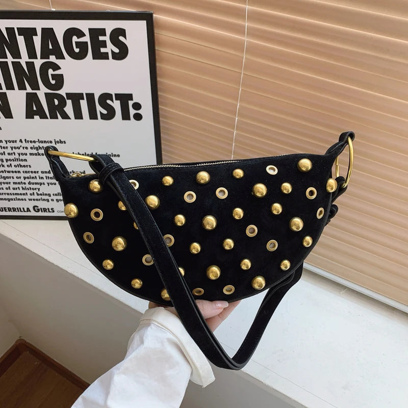 MOODS Branded Half-moon Shoulder Bags For Women Faux Suede Rivets Decor Crossbody Hobo Bags 2025 Latest Designer Handbags Luxury