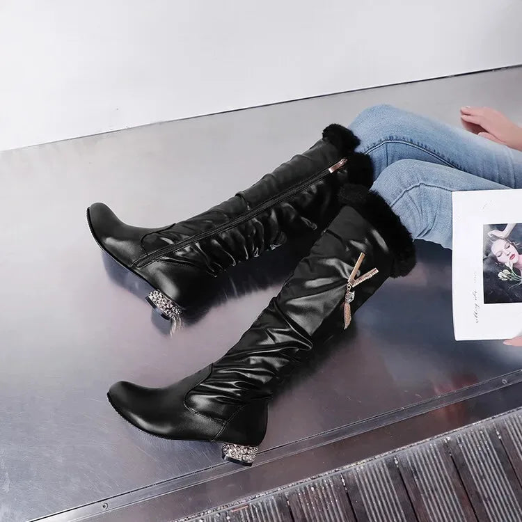 Winter Warm Knee High Boots Women Platform Wedges High Heels Snow Boots Slip on Winter Ladies Shoes White Black Pink 2025
