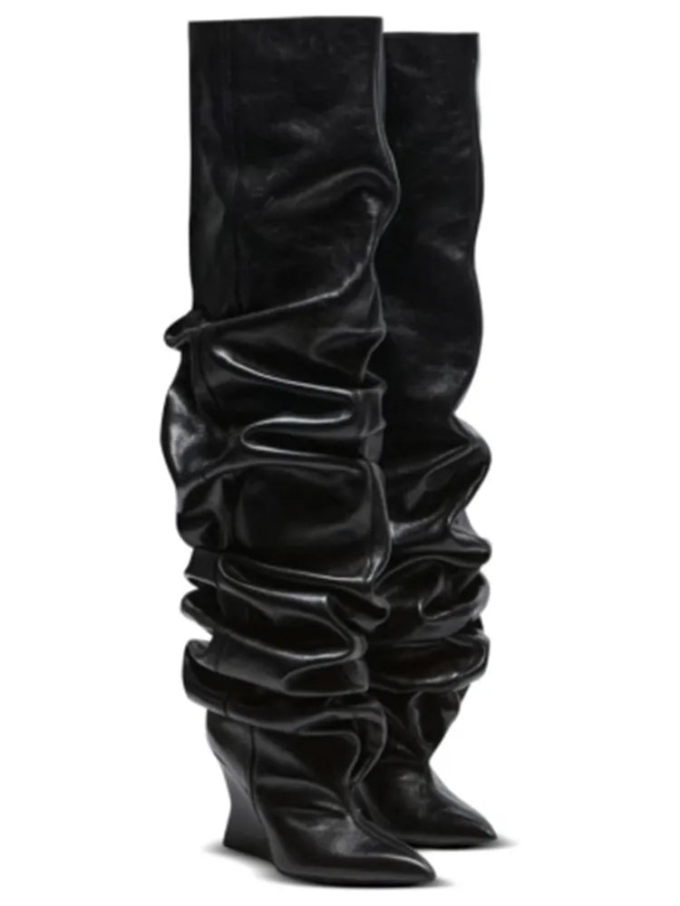 Women's Fashion Pointed Thick Soled Pleated Short Boots, Autumn and Winter Thick Heeled Long Boots, Sexy Runway Women's Boots