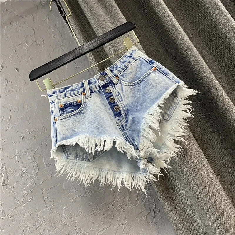 Fashion Denim Shorts Women's Streetwear Bar spicy girl A-line Wide leg Shorts Summer High waisted breasted Fringe Hot Pants