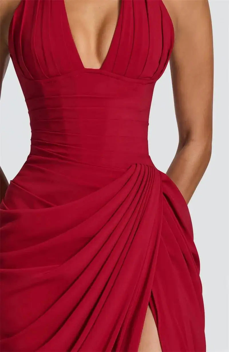 Mozision Wine Red Halter Deep V Maxi Dress Women Elegant Draped Ruched High Split Bodycon Cocktail Wedding Club Party Dresses