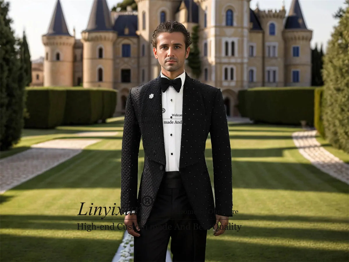 Formal Modern Men's Suits 2 Pieces Sets Male Prom Blazer Wide Lapel Beads Wedding Groom Tuxedo Slim Fit Customized Costume Homme