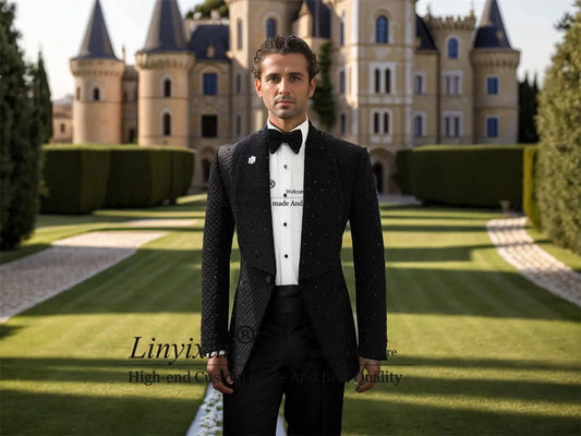 Formal Modern Men's Suits 2 Pieces Sets Male Prom Blazer Wide Lapel Beads Wedding Groom Tuxedo Slim Fit Customized Costume Homme