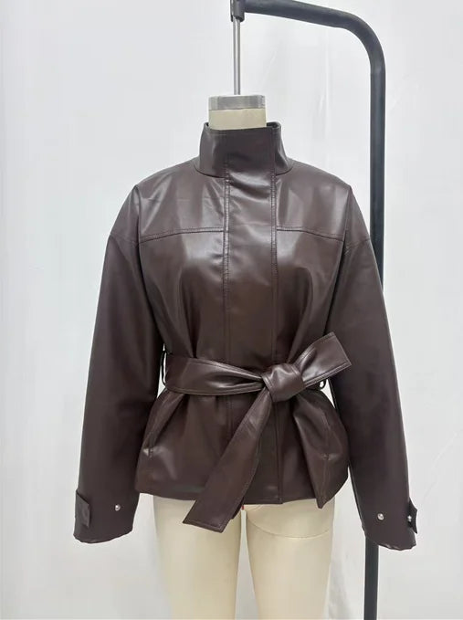 Belted Waist Stand Collar Women PU Jacket Drop Shoulder Long Sleeve Cuff Button Short Cropped Loose Faux Leather Jacket Commute
