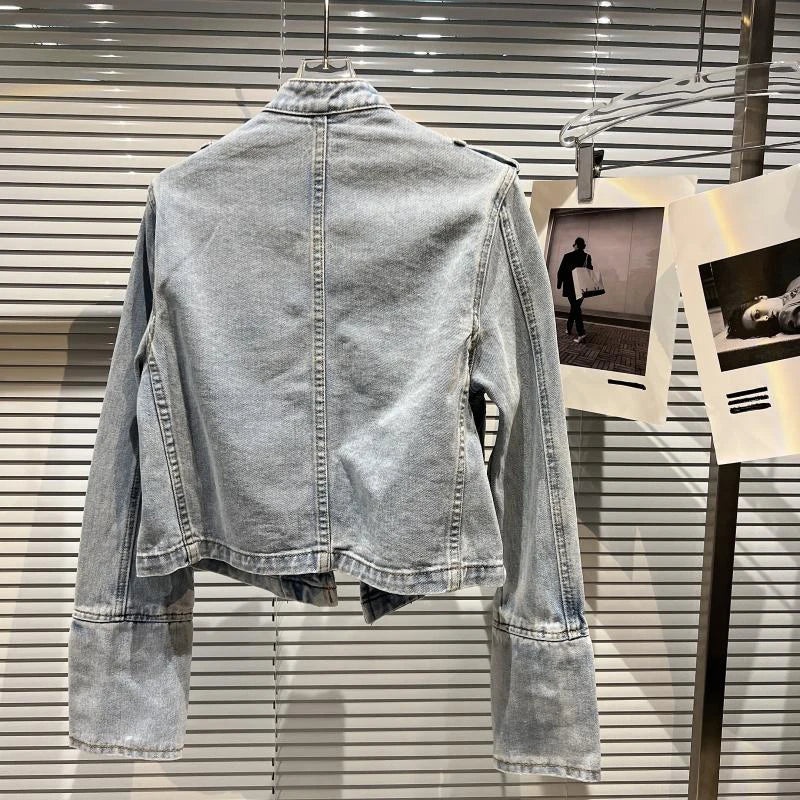 DEAT 2026 Autumn New Fashion Metal Buckle Design Shoulder Strap Denim Short Jacket For Women High Street Coat Female 11A06995