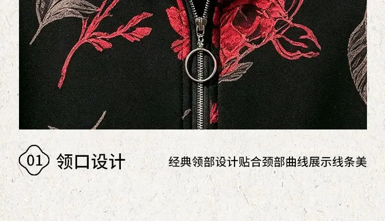 Womens Mom Floral Print Zip Up Jacket Lapel Collar Casual Loose Outerwear For Middle Aged Ladies
