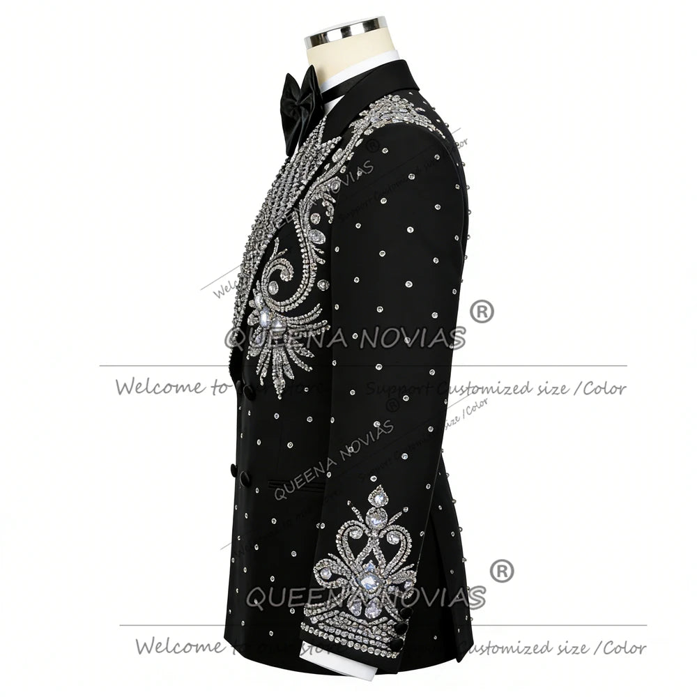 Exclusive Beaded Crystals Suits Men For Wedding Double Breasted Jacket Pants 2 Piece Set Rhinestone Groom Tuxedos Ropa Hombre