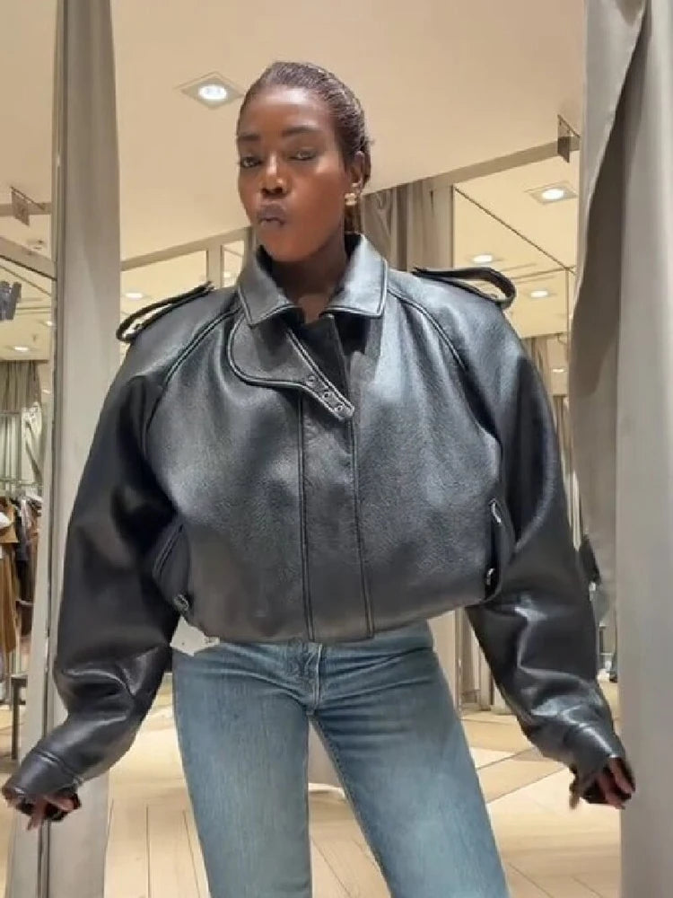 Vintage Black Faux Leather Moto Jacket Women Stand High Collar Design Oversized Cropped Biker Coat Street Fashion Outerwear 2026