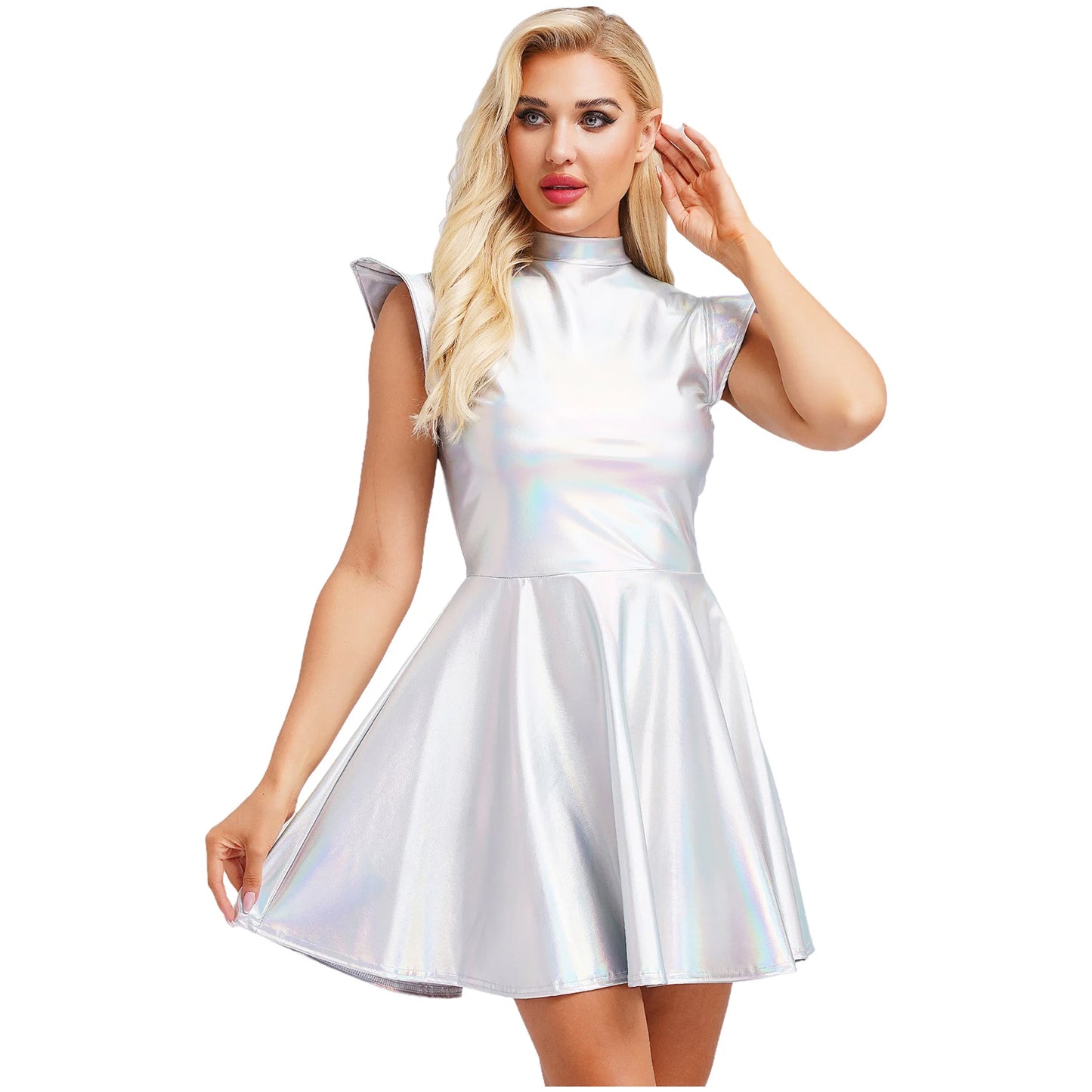 Womens Astronaut Alien Outer Space Alien Robot Cosplay Dress Halloween Cutie Costume Sequin Metallic Shiny A-line Mini Dresses