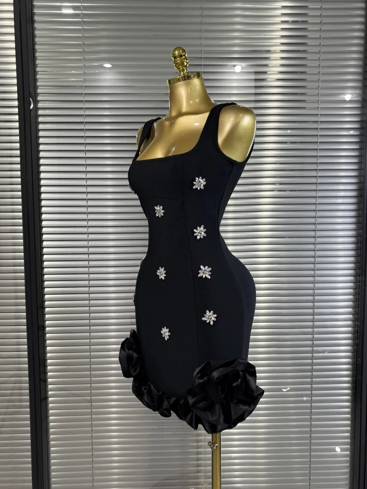Hot Sale Women Sleeveless Sexy Shinning Rhinestones Ruffles Bodycon Mini Bandage Dress Celebrate Nightlcub Party Outfit Vestido