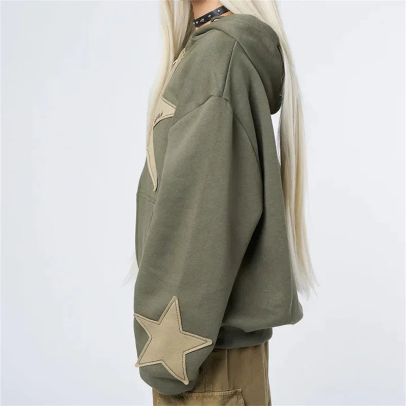 Women's Graphic Hoodie Y2k Zip Up Hoodies Star Patchwork Oversized Sweatshirt with Drawstring Aesthetic Pullover with Hood Shirt