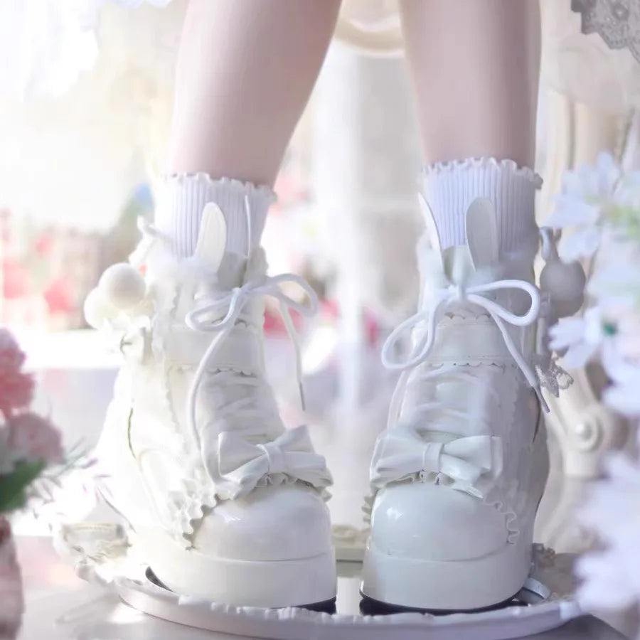Kawaii Rabbit Tail Short Boots Women's Fleece Lined Thick Heel Lolita Snow Boots Winter Warm Cute Cotton Shoes for Women