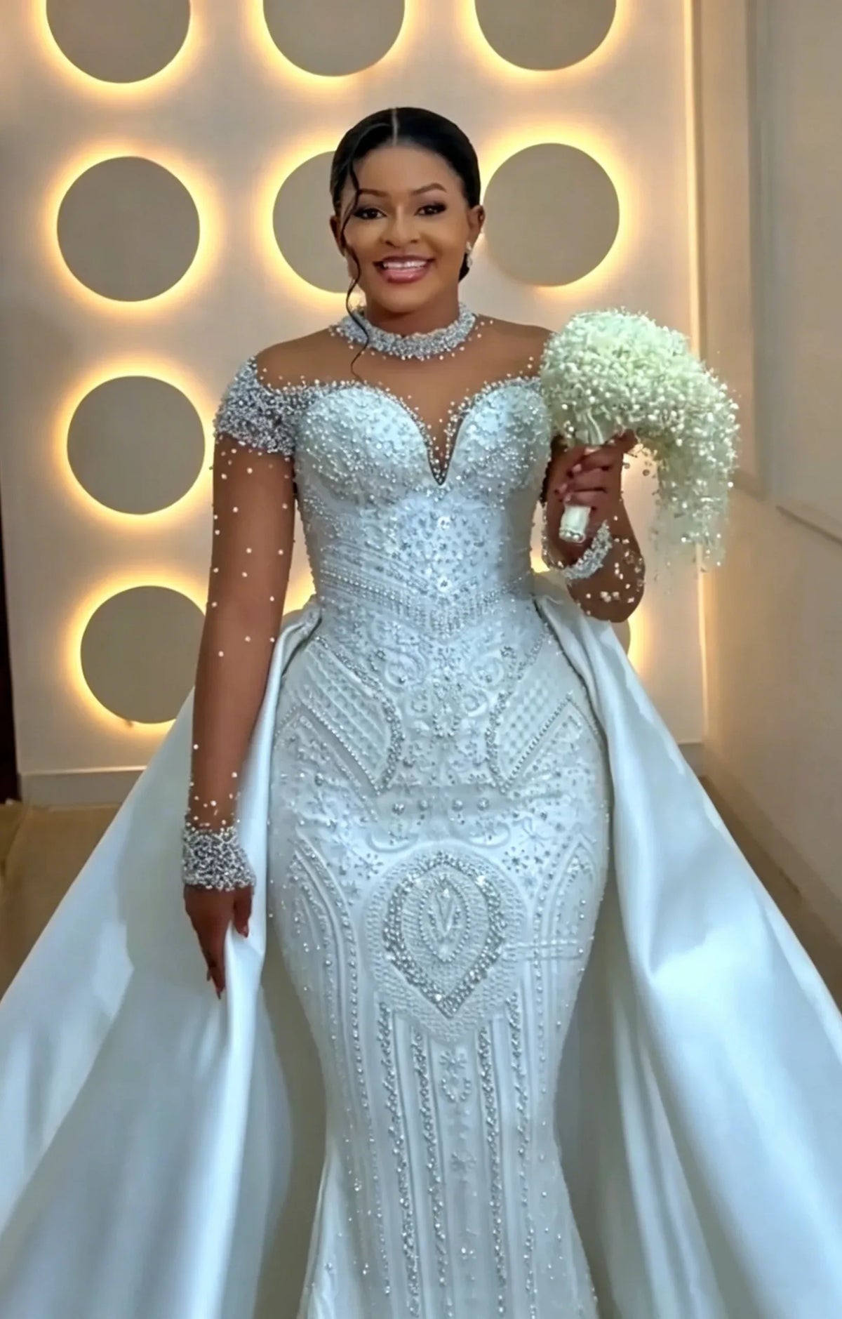 2026 Luxury Off Shoulder Mermaid Wedding Dress High Collar Beaded Transparent Long Sleeve Bride Dress Detachable Tail Customized