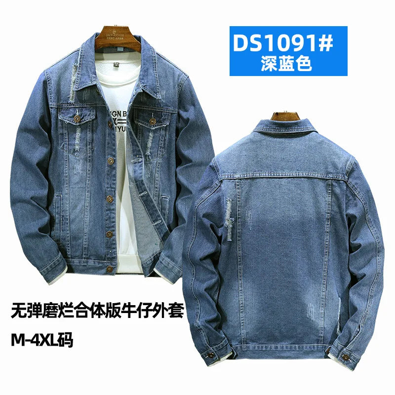 QICHE New Spring Autumn Men Light Blue Slim Denim Jacket Distressed Ripped Casual Outerwear