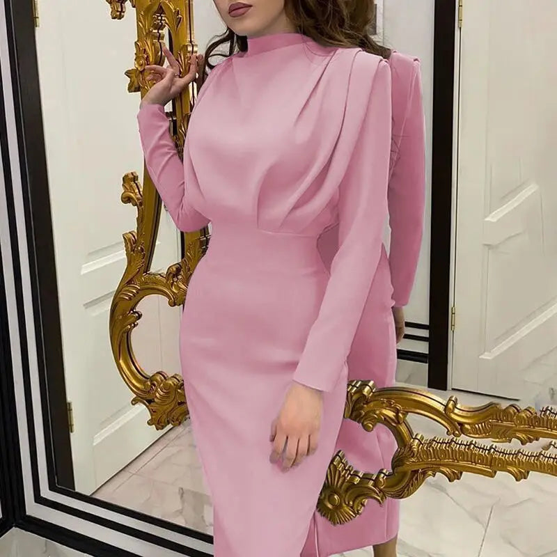Women's Spring New Dresses with European and American Temperament, Waist Wrapped Solid Color Skirt, Long Sleeves, Round Neck