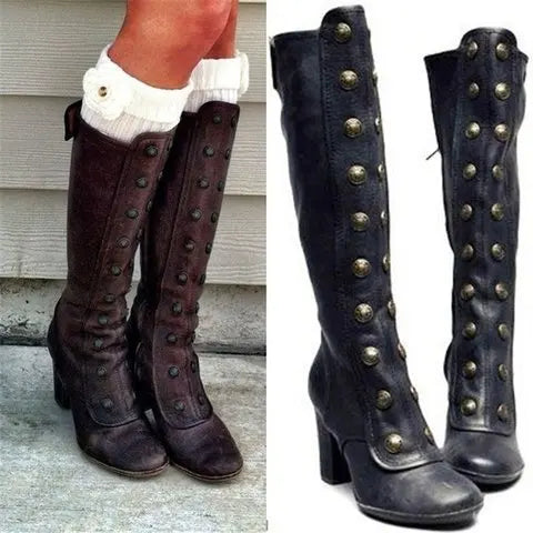 Retro Black Fashion Rivet Decor Boots Chunky Heels Knee High Slip on Shoes for Women Knight Boots  Autumn Zapatos Para Mujere