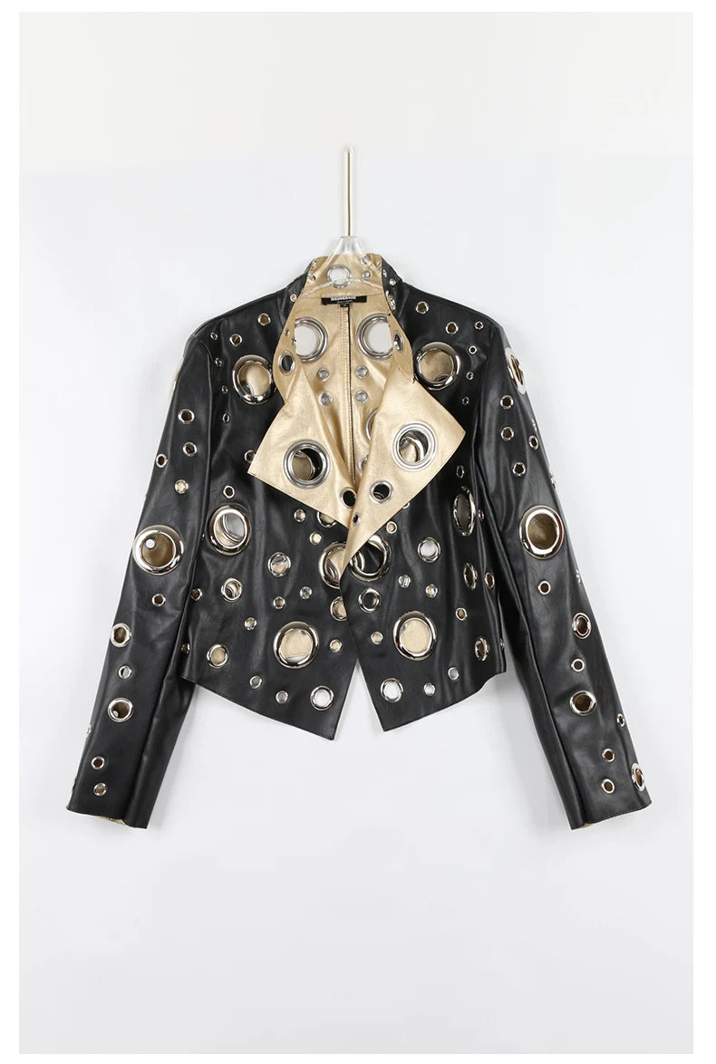 Nerazzurri Spring Autumn Short Hollow Out Pu Leather Jacket Women Rivet Cool Stylish Luxury Designer Clothes Runway Fashion 2024