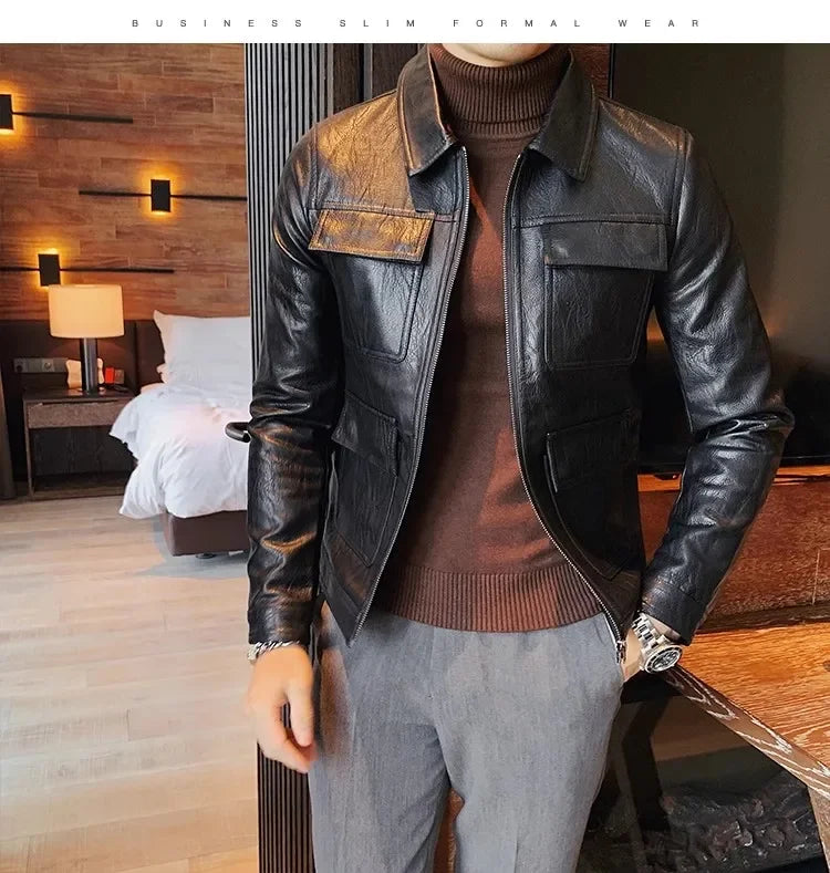 Autumn Winter High Quality Faux Leather Jacket Fashion Multi Pocket Design PU Leather Coats Man Vintage Business Slim Fit Coats