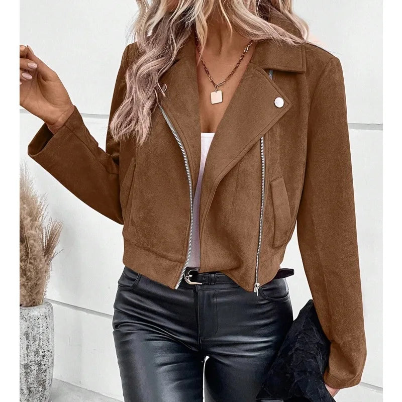 Women's Suede Faux Leather Jacket Autumn Zip-Up Moto Short Coat Lapel Collar Slim Fit Winter Outer Streetwear Casual Wear