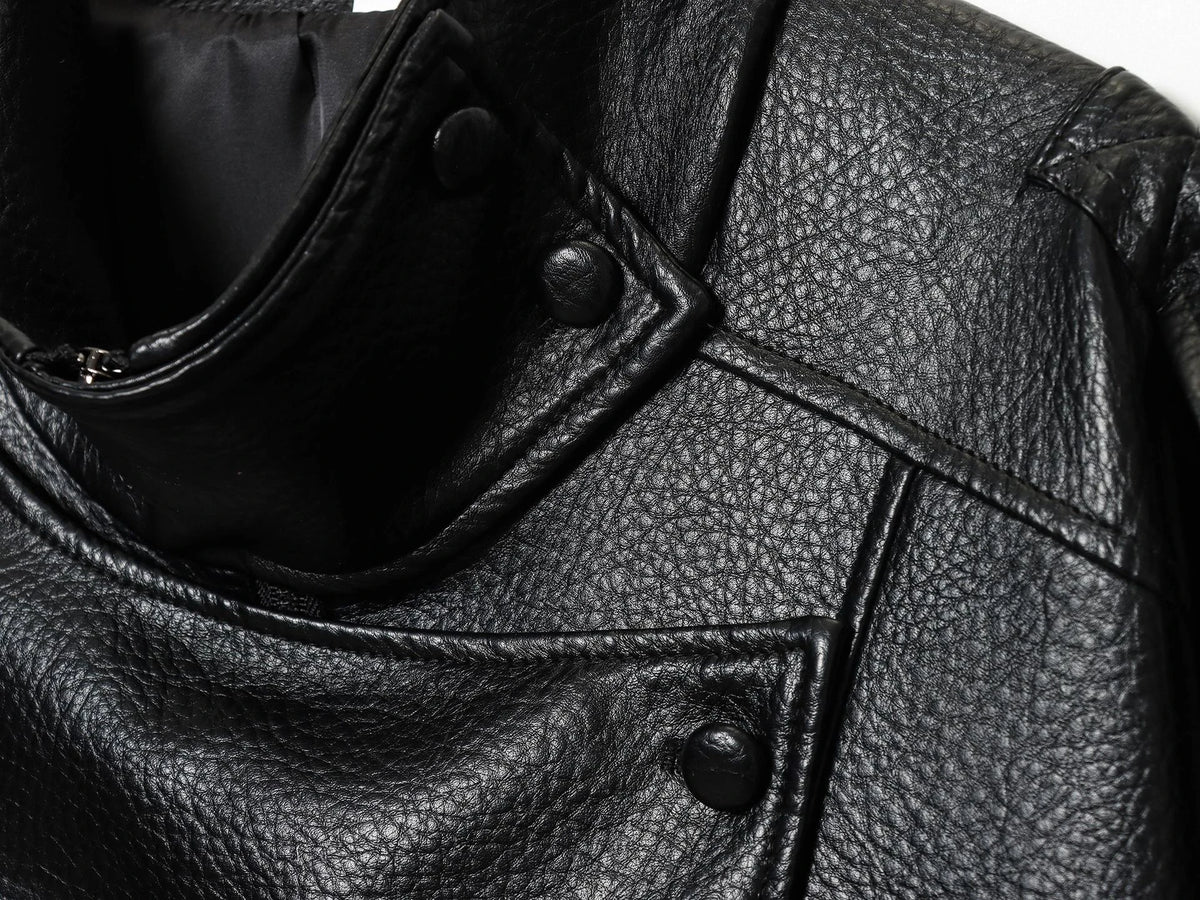 Women's Jacket New Black Long Sleeve Faux Leather Jacket Motorcycle Style Personality Fashion button and Zipper closure traf