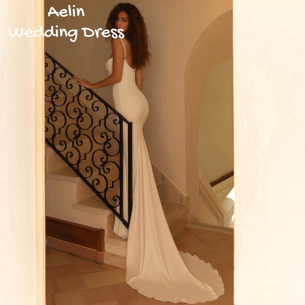 Aelin Customized Elegant Luxury Wedding Dress Spaghetti Straps Cowl Neck Lace Insert Illusion Back Satin Mermaid Bridal Gowns