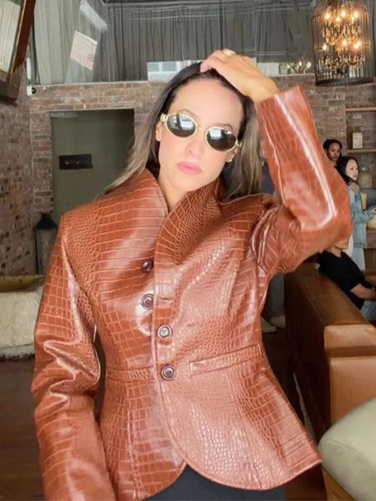 Street Fitted Leather Jackets Women Shoulder Pad Single Breasted Long Sleeves Pu Coats Female 2026 Autumn New Chic Outwears Lady