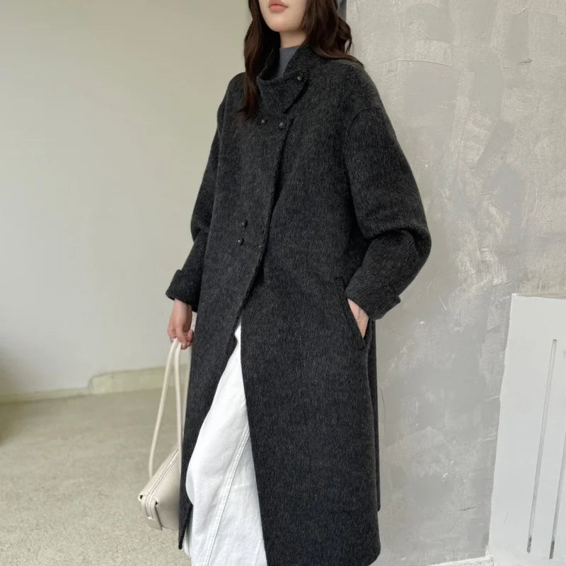 Ladies' 100% wool coat, high-end slimming stand up collar, double breasted loose long woolen coat, autumn and winter bestseller