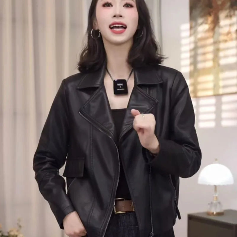 2026 Fashion Autumn PU Leather Jacket Women New Short Leather Coat Retro Lapel Sweet Motorcycle Outerwear Ladies Overcoat Top
