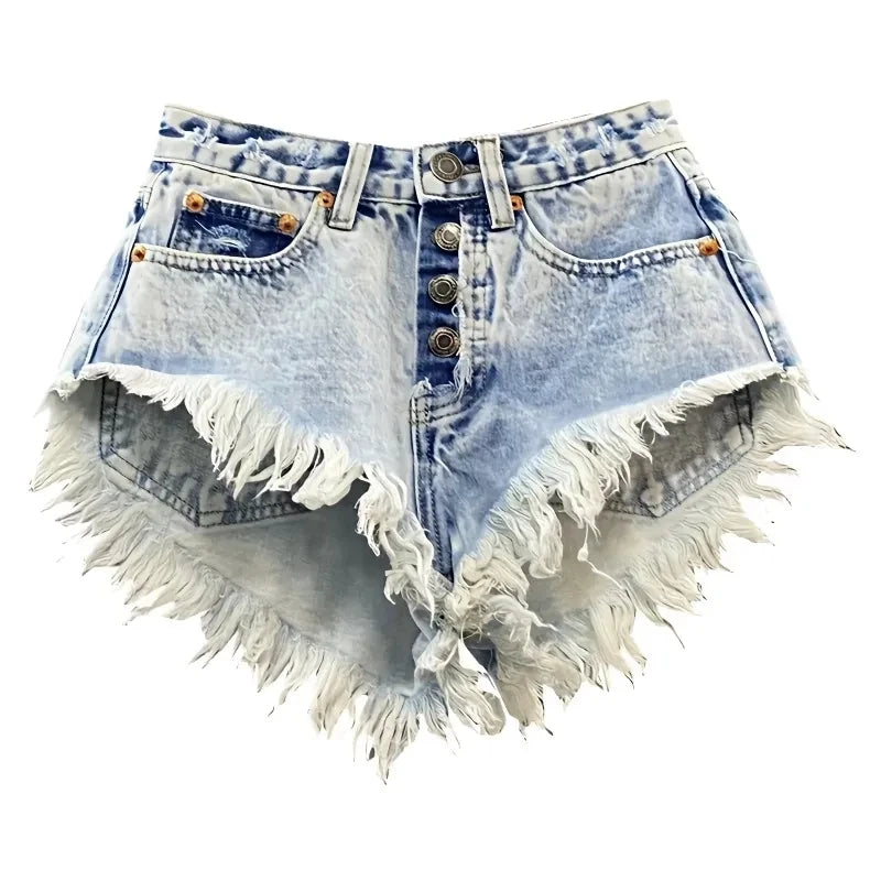 Fashion Denim Shorts Women's Streetwear Bar spicy girl A-line Wide leg Shorts Summer High waisted breasted Fringe Hot Pants
