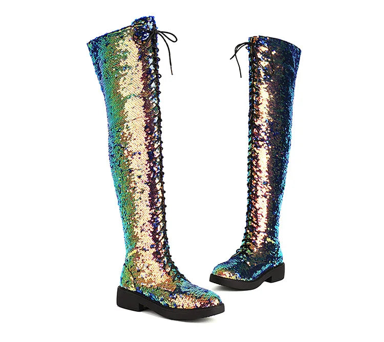 Lowheel Boots For Women Autumn Winter Thick Heels Over-knee-high Boots Shiny Sequined Club Dance Shoes Lace Up Thigh High Boots