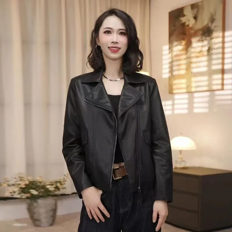 2026 Fashion Autumn PU Leather Jacket Women New Short Leather Coat Retro Lapel Sweet Motorcycle Outerwear Ladies Overcoat Top