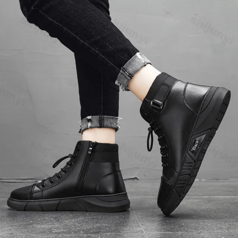 Vintage Men's Short Boots Autumn New Trendy Comfortable Height Increase Cotton Shoes Non Slip Lace Up Side Zipper Leather Boots