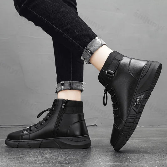 Vintage Men's Short Boots Autumn New Trendy Comfortable Height Increase Cotton Shoes Non Slip Lace Up Side Zipper Leather Boots