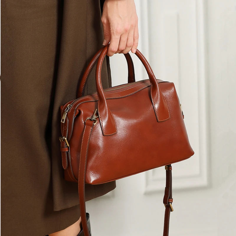 BURMINSA Genuine Cowhide Leather Handbags For Women Retro Pillow Top Handle Bags Bowling Daily Work Crossbody Shoulder Purses