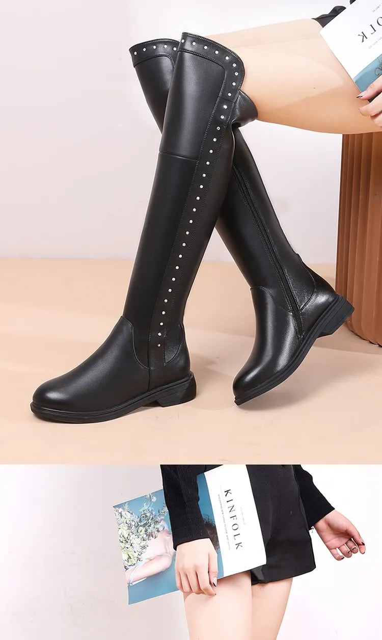Women Over The Knee Boots Winter Natural Wool Warm Genuine Leather Ladies Knee Boots Large Size Non-slip Snow Boots Women