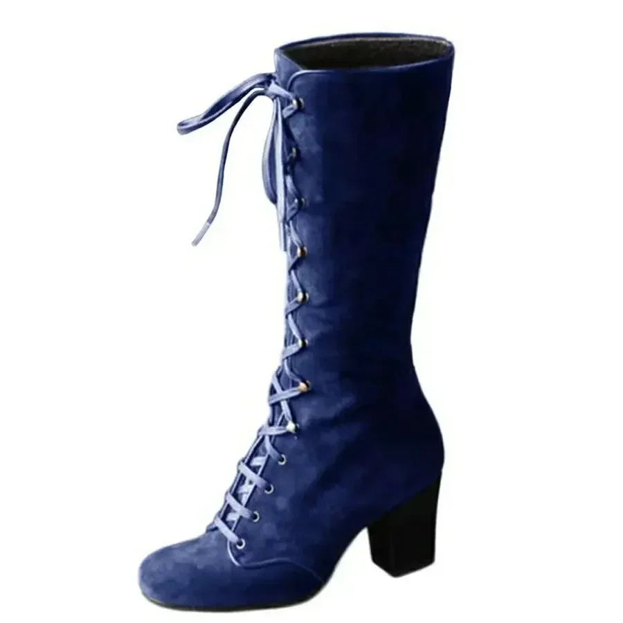 Winter Women Boots Shoes Fashion Vintage Lace-up Boots Women Round Cowboy High Heels Booties Shoes Woman Botas Mujer