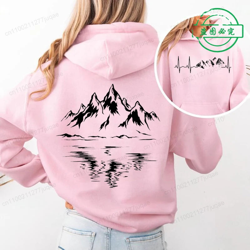 Mountain Print Women Hoodies Outdoor Climbing Hiking Graphic Hoodies Long Sleeve Top Outdoor Lovers Women's  Hooded Sweatshirts