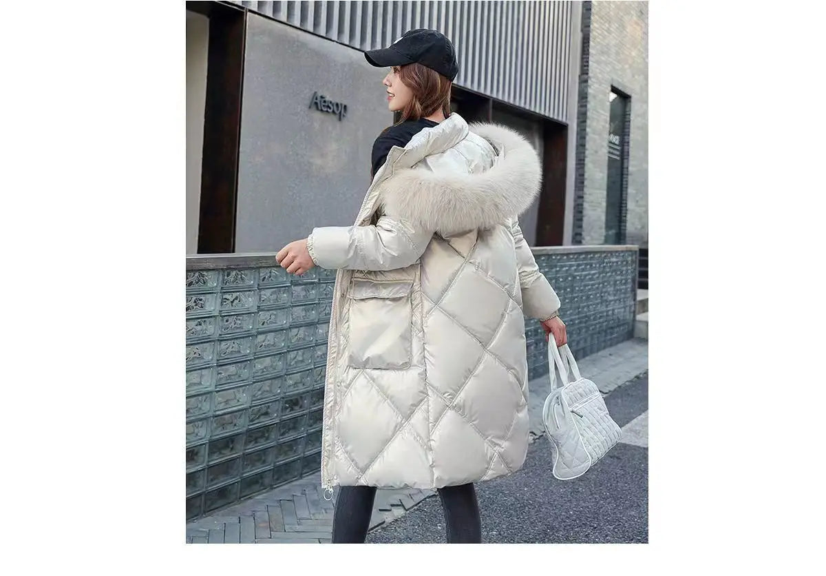 2023 Autumn Winter Hooded Fur Collar Long Parkas Mujer Thick Warm Down Cotton Padded Jacket Women Casual Hoodies Coat Female