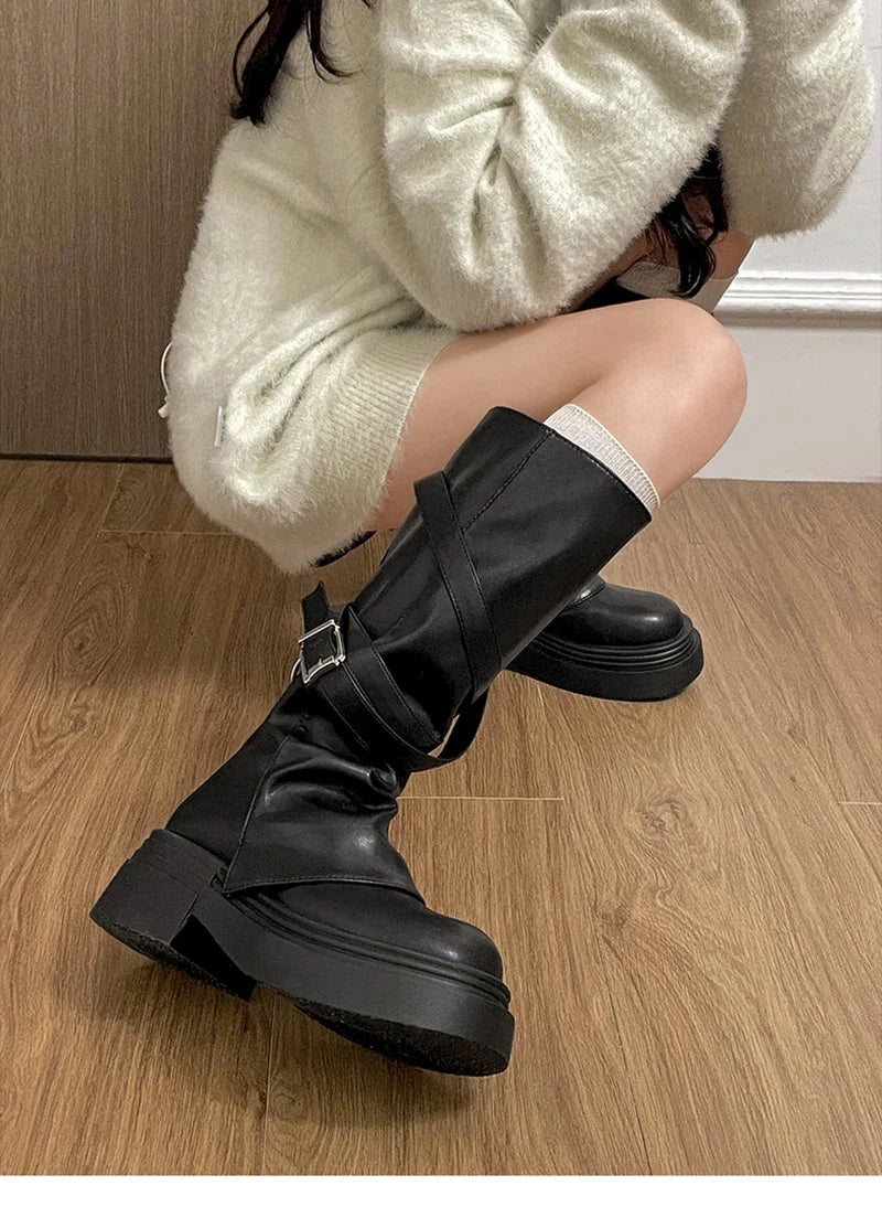 Vintage Thick Heel Women Knight Long Boots Fashion Slip On Knee High Booties Autumn Winter Shoes Zapatos De Mujer