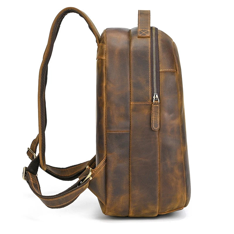 Luufan Men's Retro Crazy Horse Leather Backpack Brown Genuine Leather Rucksack Brown 14 Inch Laptop School Bag