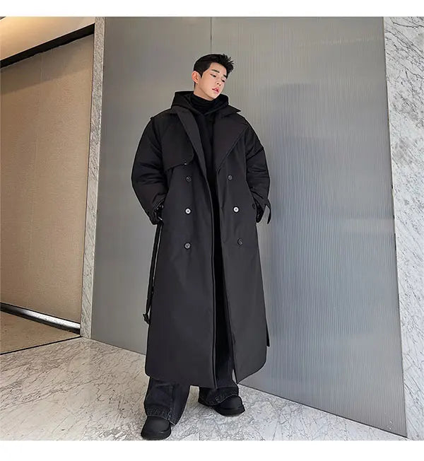 Winter Thickened Long Down Jacket Man's Belt Design Korean Warm Over The Knee Fashionable Long Sleeve Solid Color Cotton Coats