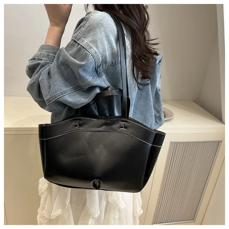 Solid Color Soft Leather Handbag Women Single Shoulder Tote Bag, Large Capacity Commuting Set Handbags Shopping Cross Body Bags