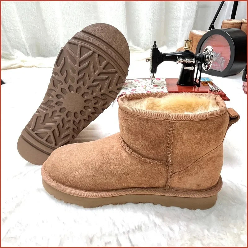 5854 men's and women's sheepskin and wool snow boots, integrated fur and leather, winter thick and warm women's boots