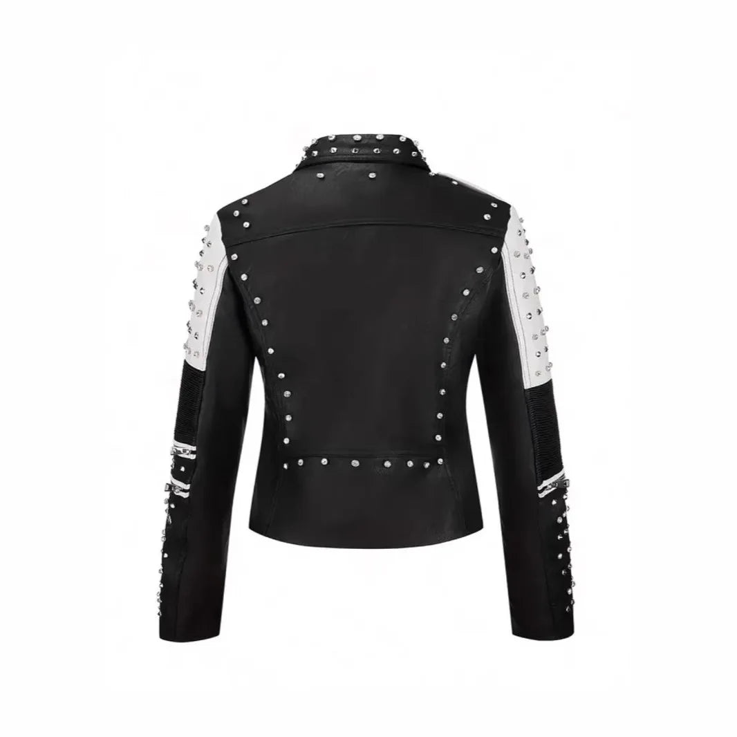 Luxury  Studded Leather Jacket, Motorcycle Slim Fit Punk Rock Women's Diamond Zipper Multi-Pocket Jacket zipper Coat Outwea
