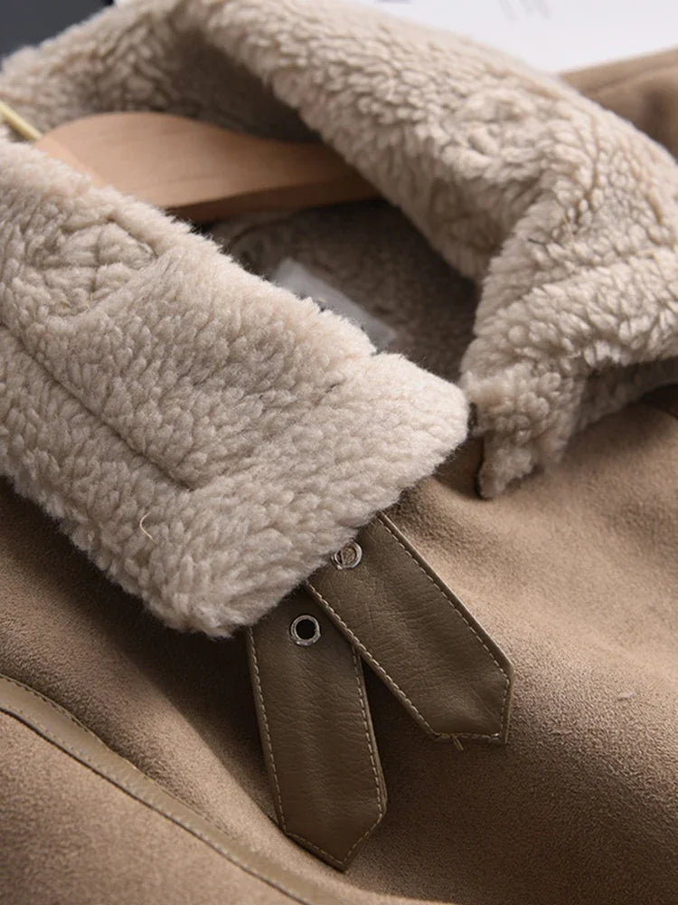 Winter Women Thick Warm Suede Lamb Jacket Short Motorcycle Brown Coats Faux Shearling Sheepskin Leather Jackets Outwear